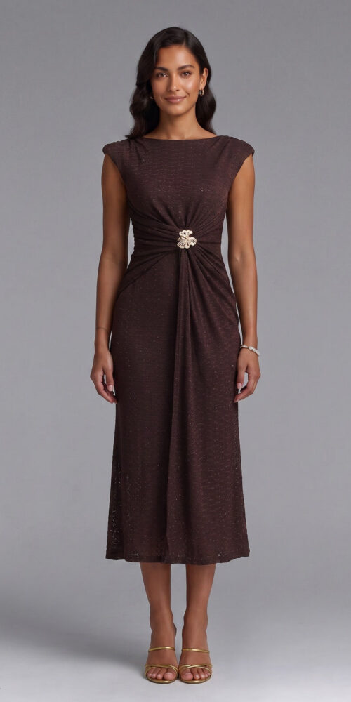 8b917cd96ec0c9c3 BROWN KNIT SHEATH DRESS WITH BROOCH – OFFICE TO EVENING