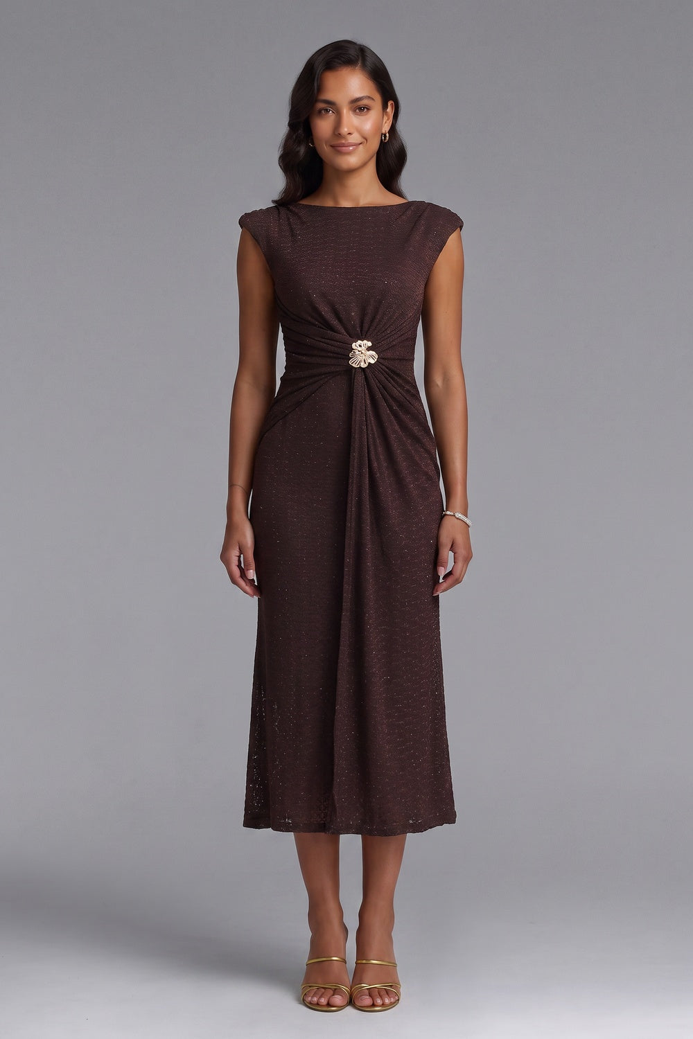 8b917cd96ec0c9c3 BROWN KNIT SHEATH DRESS WITH BROOCH – OFFICE TO EVENING
