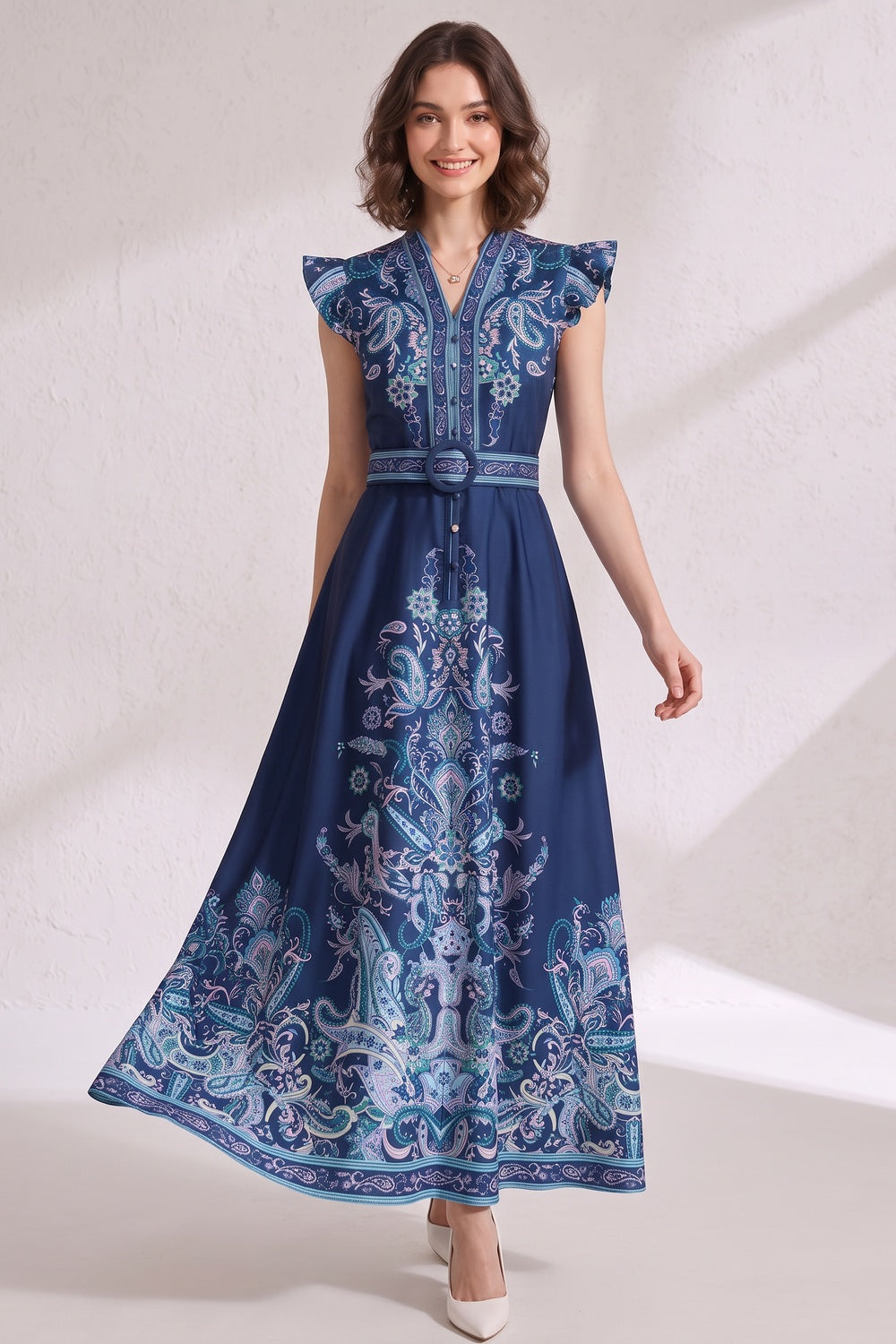 8b92681c730ae065 NAVY FIT-AND-FLARE MAXI DRESS – WEDDING GUEST