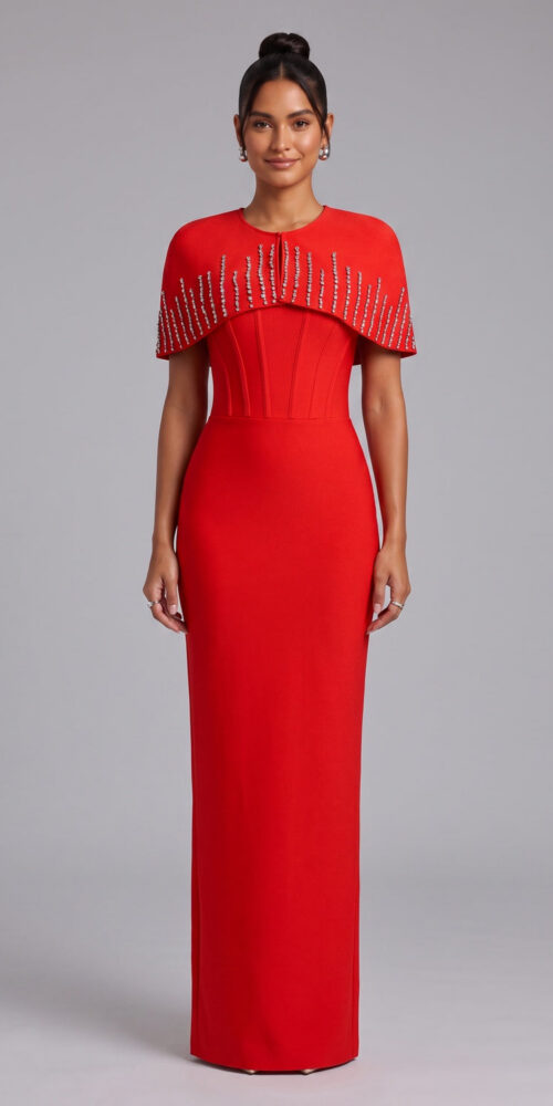 8ca1eb31bdd540e5 RED CREPE COLUMN MAXI DRESS CAPELET EVENING