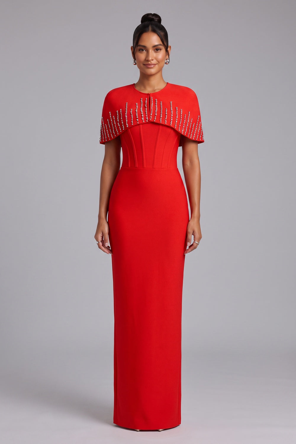 8ca1eb31bdd540e5 RED CREPE COLUMN MAXI DRESS CAPELET EVENING