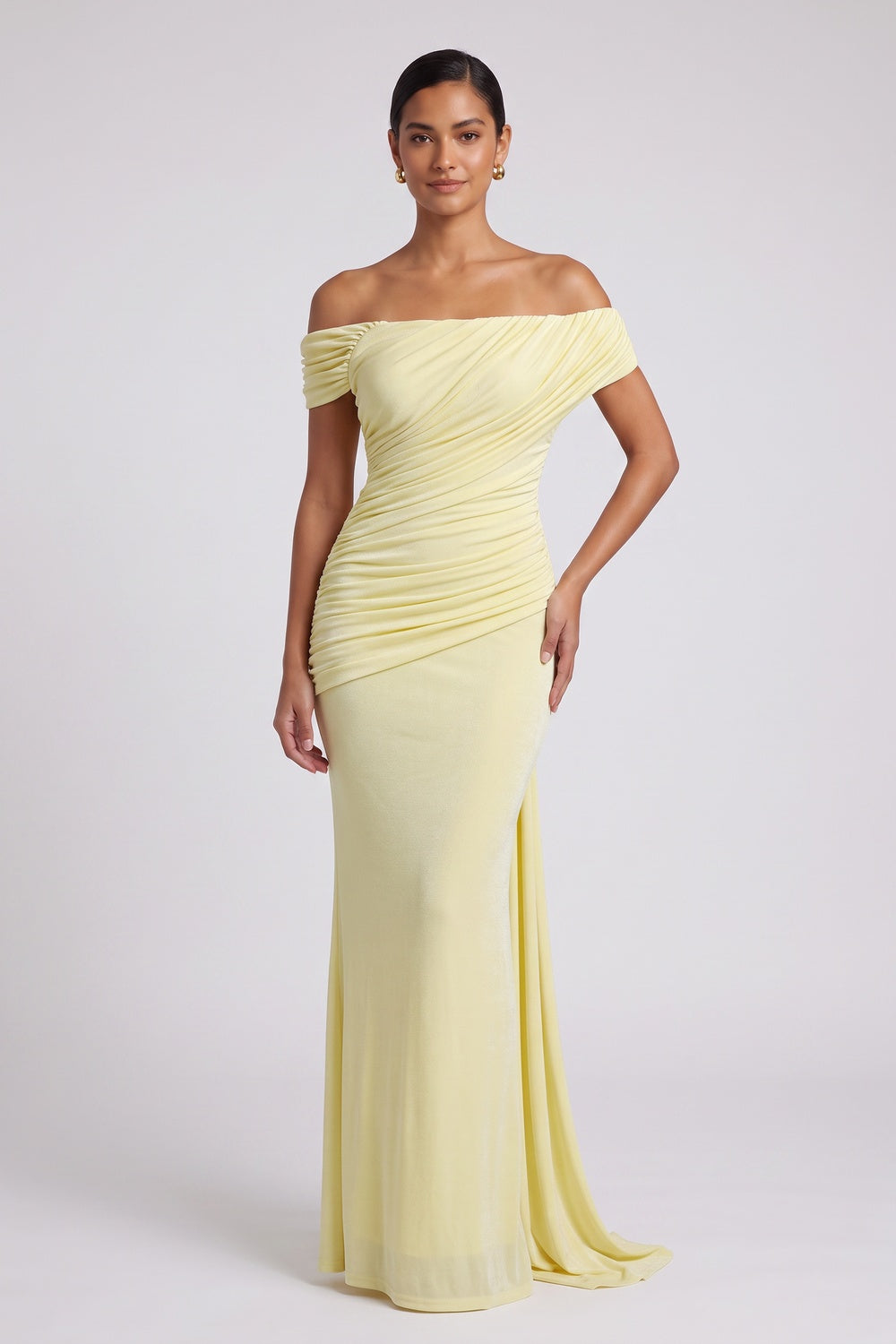 8dbe93b1902f6284 PALE YELLOW STRETCH JERSEY COLUMN GOWN