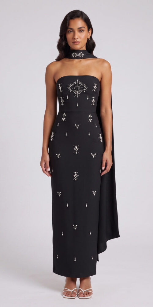 8dcb14a35b772aa7 BLACK CAPE COLUMN MAXI DRESS SILVER EMBELLISHED EVENING