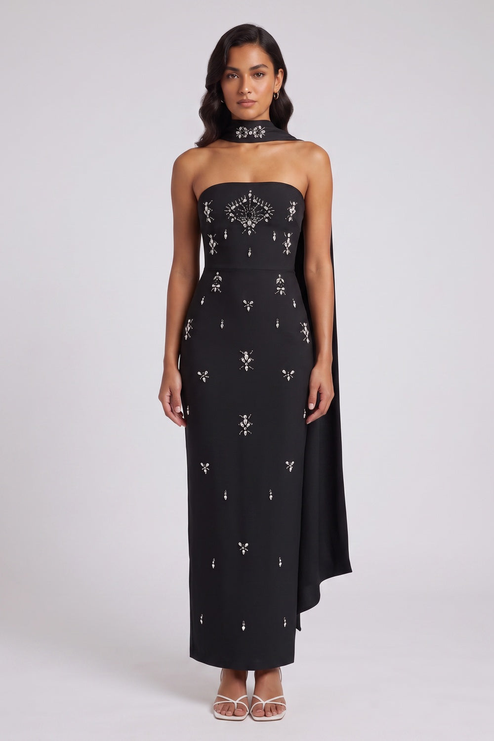 8dcb14a35b772aa7 BLACK CAPE COLUMN MAXI DRESS SILVER EMBELLISHED EVENING