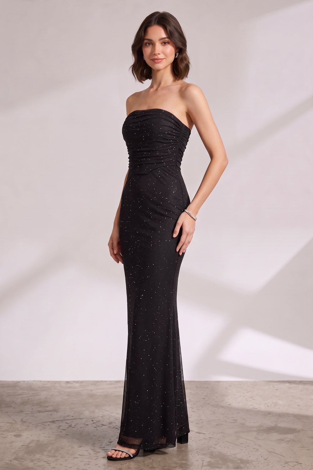 8defc451137a6c7b BLACK MESH FITTED COLUMN GOWN FORMAL EVENING