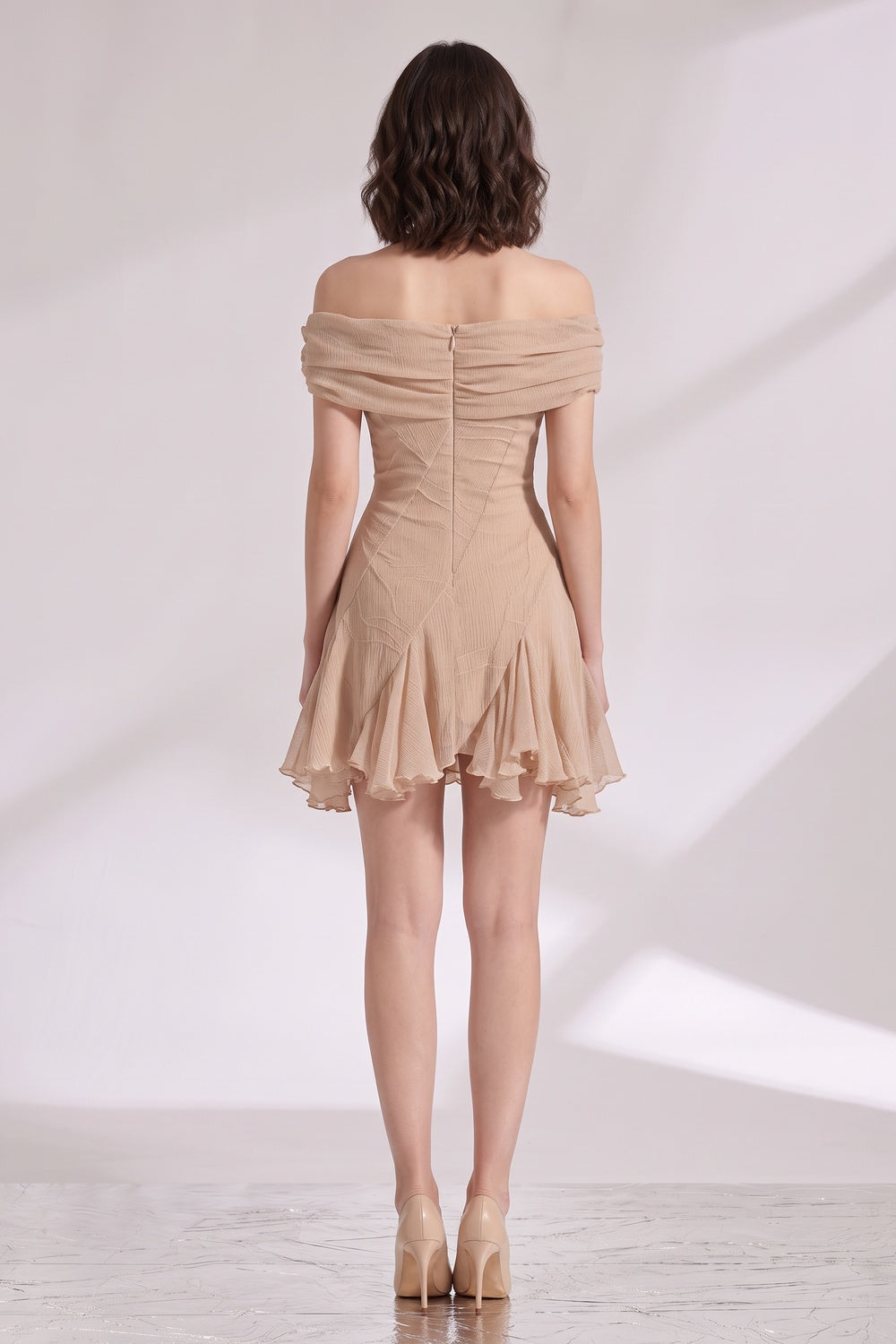 8f0c300af9c3be11 BEIGE OFF-SHOULDER FIT-AND-FLARE CHIFFON MINI DRESS