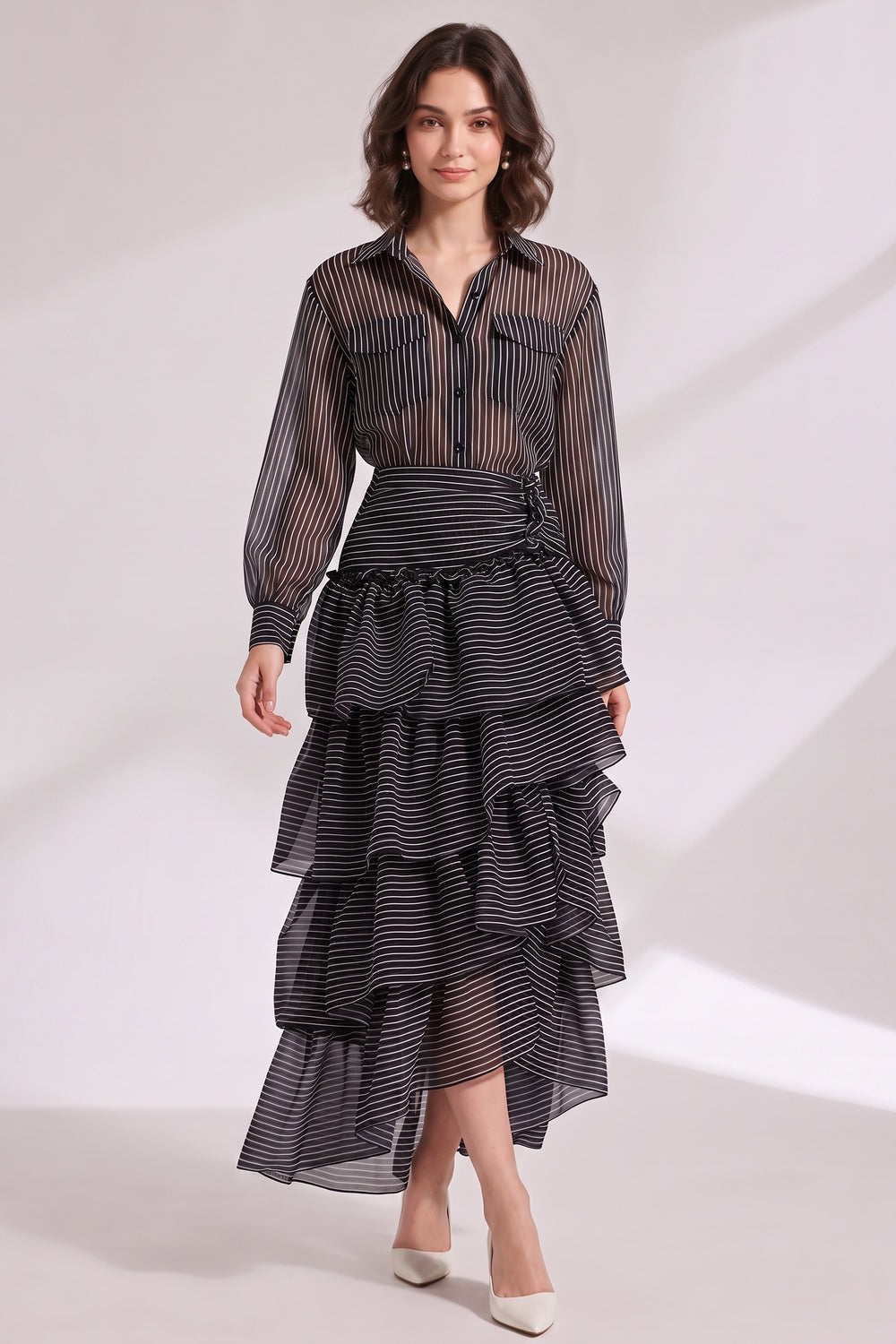 8f5a01ca780a204c BLACK SHEER ORGANZA FITTED TOP & TIERED MAXI SKIRT SET