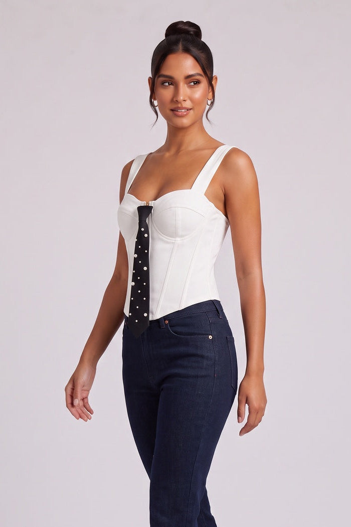 903f4be80d1e01e6 WHITE CORSET BUSTIER TOP PEARL NECKTIE FORMAL