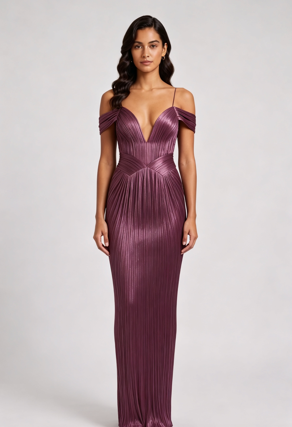 PLUM SATIN PLEATED COLUMN EVENING GOWN