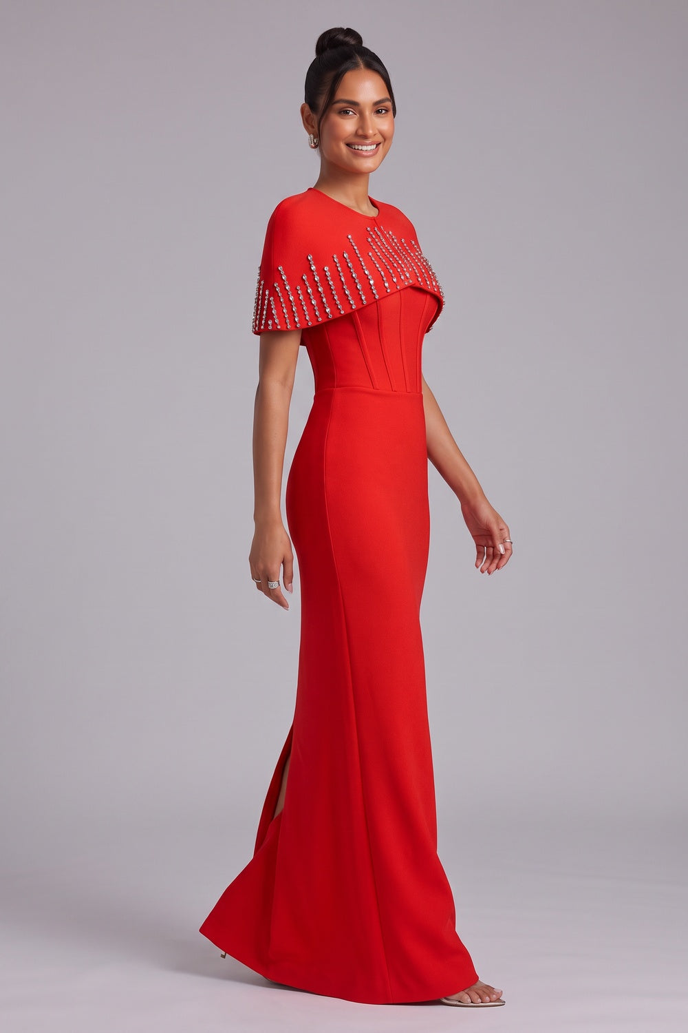 90b5018ea81bf71a RED CREPE COLUMN MAXI DRESS CAPELET EVENING
