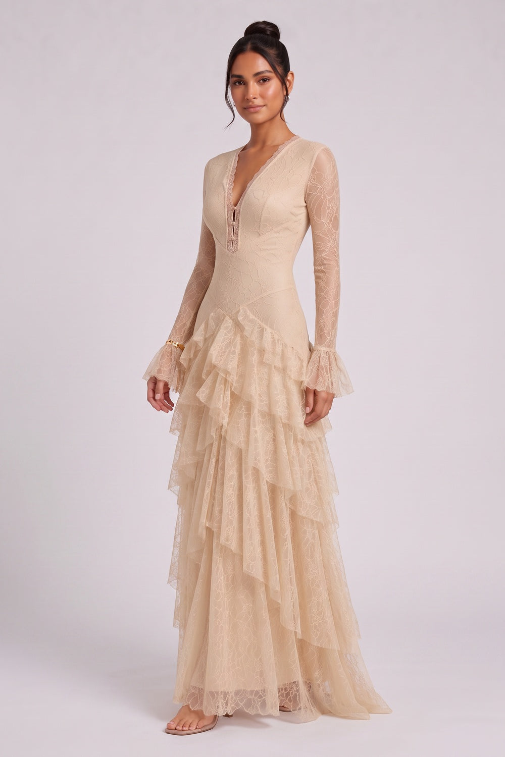 9122b8d0a310c229 BEIGE FLORAL LACE FIT-AND-FLARE GOWN – FORMAL