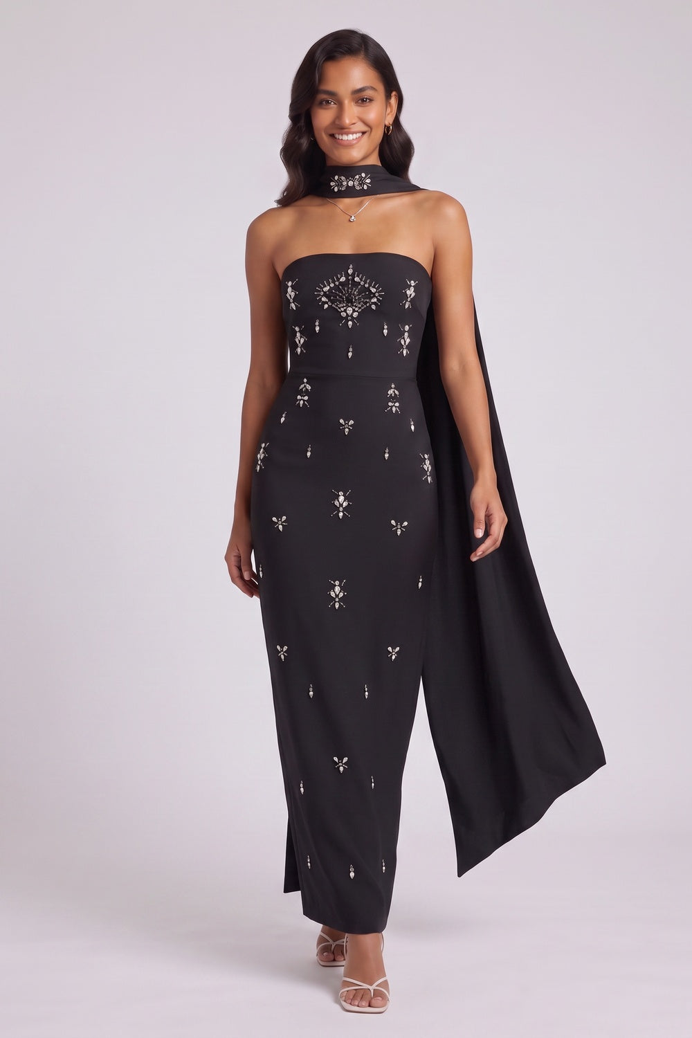 917eaaaeeb1034ca BLACK CAPE COLUMN MAXI DRESS SILVER EMBELLISHED EVENING