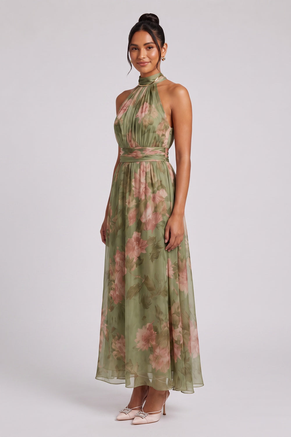 OLIVE GREEN CHIFFON A-LINE DRESS – WEDDING GUEST
