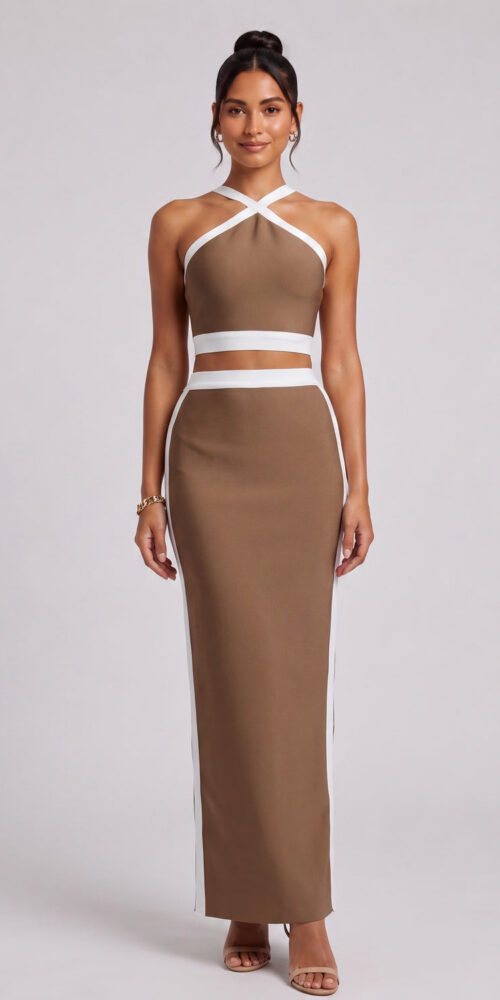 91ee1562036dc21c BROWN KNIT HALTER TWO-PIECE SET MAXI SKIRT