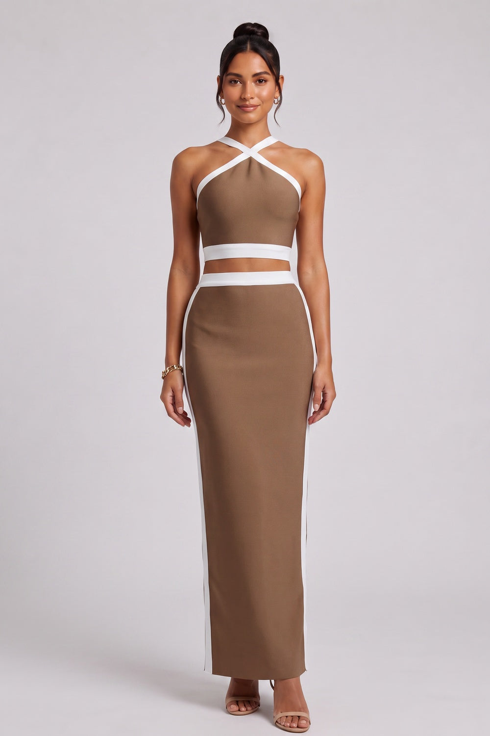91ee1562036dc21c BROWN KNIT HALTER TWO-PIECE SET MAXI SKIRT