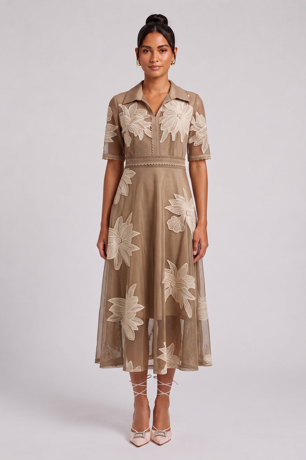 92224e23263d34a0 TAUPE TULLE A-LINE MIDI DRESS FLORAL APPLIQUE