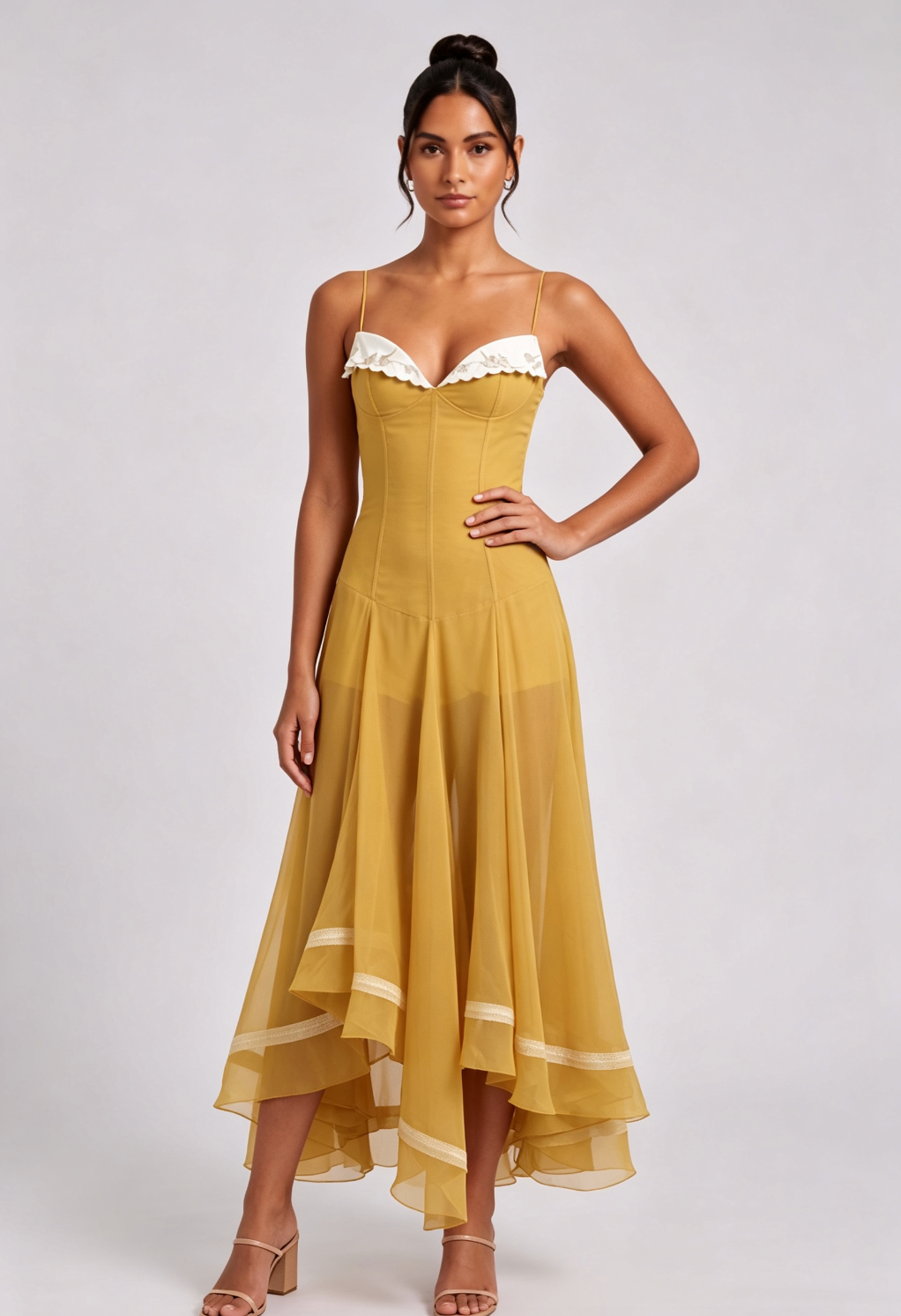 92536b94953c980d5d69178c238070e8 MUSTARD CHIFFON FIT-AND-FLARE MIDI DRESS SCALLOP COLLAR