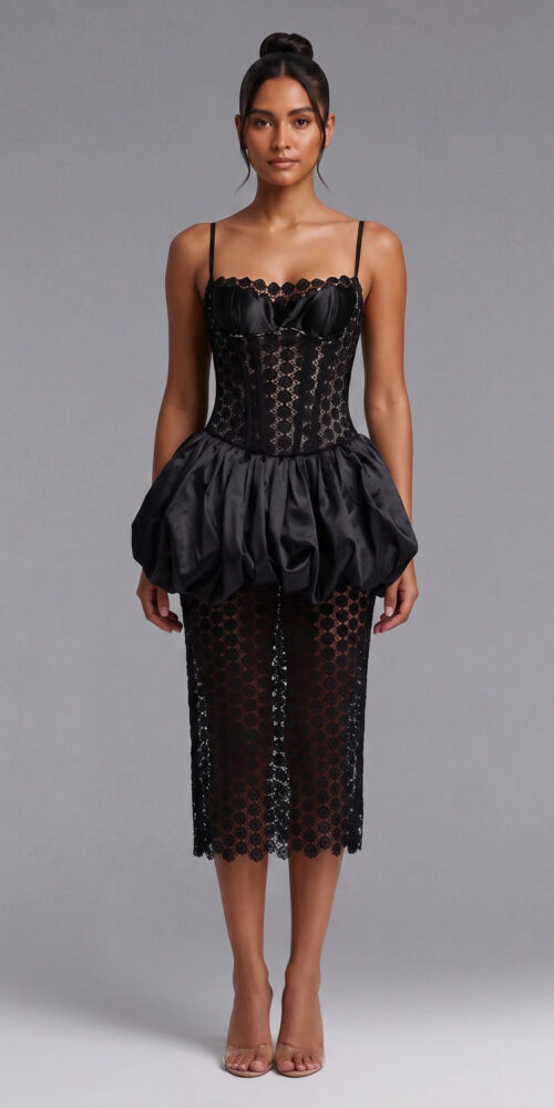 BLACK SATIN CORSET BUBBLE HEM MIDI DRESS
