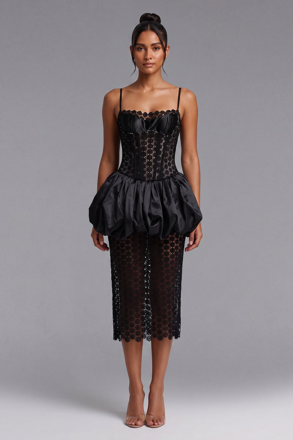 958a1400cdc32a1b BLACK SATIN CORSET BUBBLE HEM MIDI DRESS
