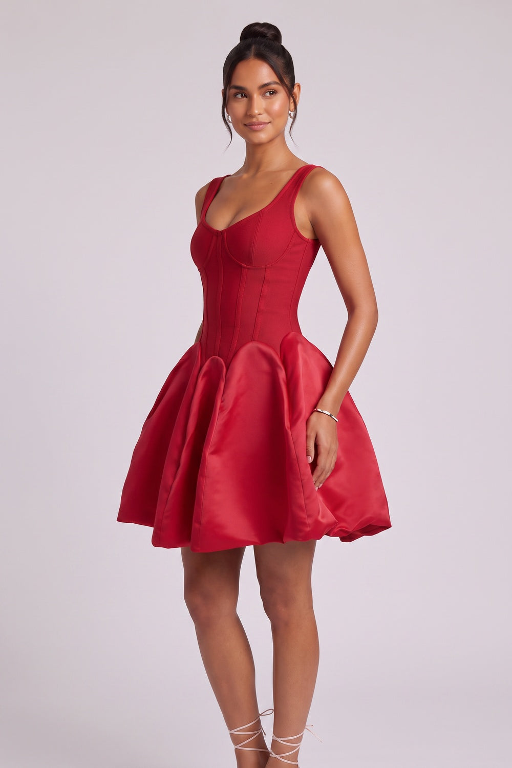 97cd0e0b1b98fc98 RED SATIN FIT-AND-FLARE MINI DRESS