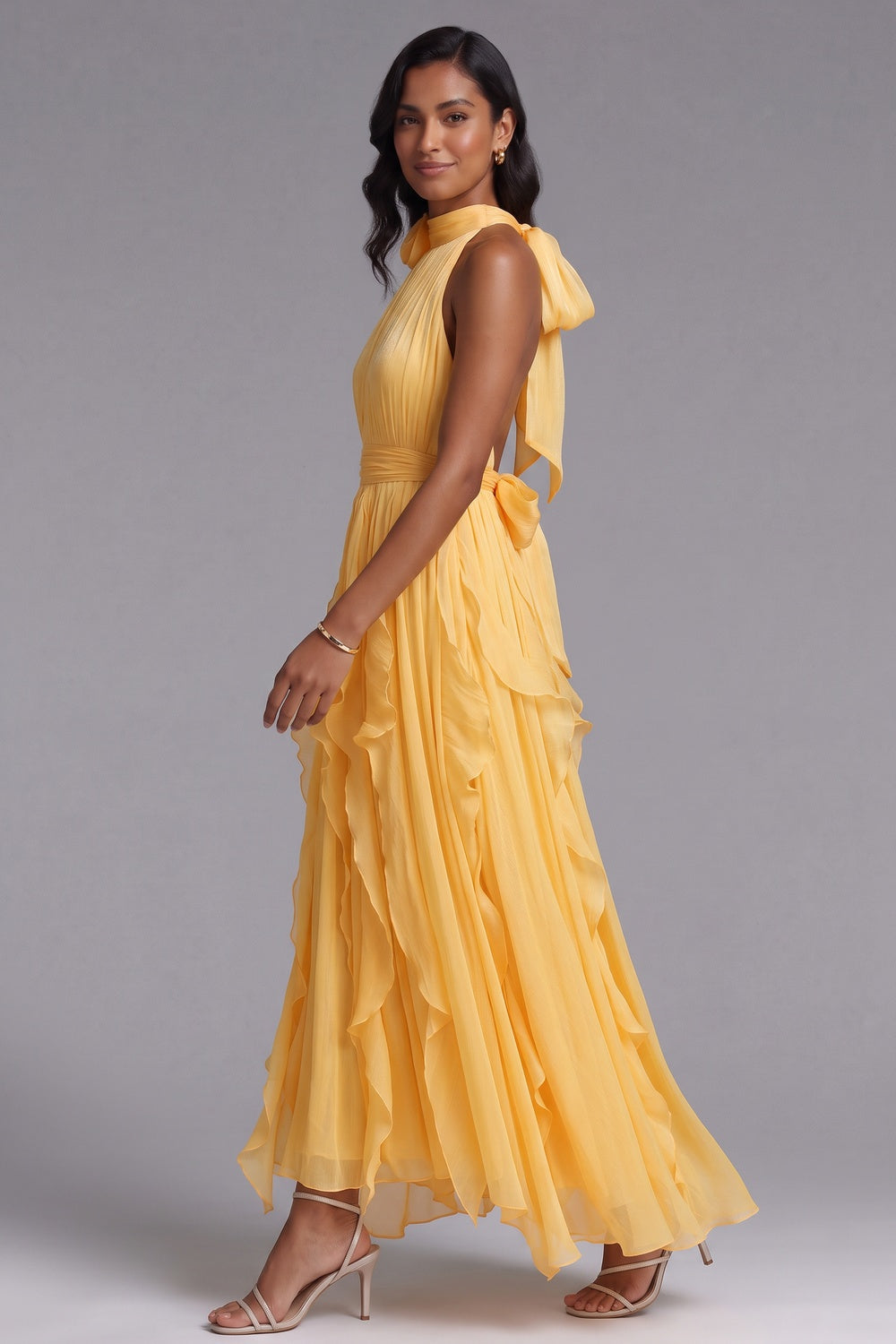 YELLOW CHIFFON HALTER A-LINE MAXI DRESS