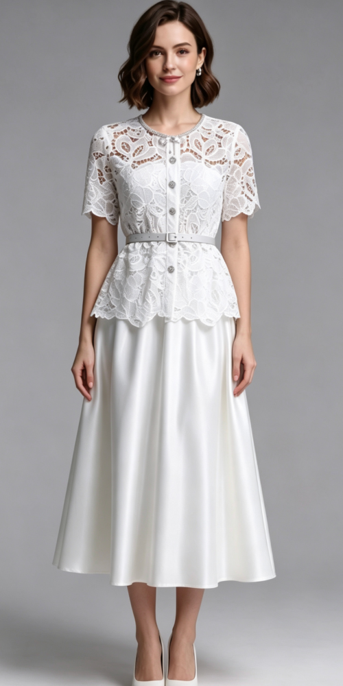 9935d25307692cd02cc99b405f6a2790 WHITE LACE A-LINE TWO-PIECE MIDI DRESS