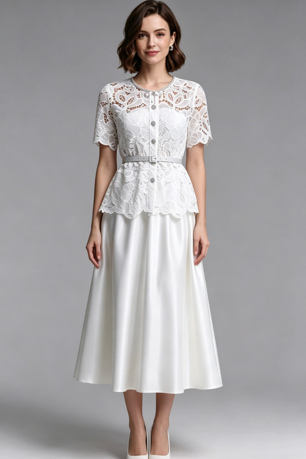 WHITE LACE A-LINE TWO-PIECE MIDI DRESS
