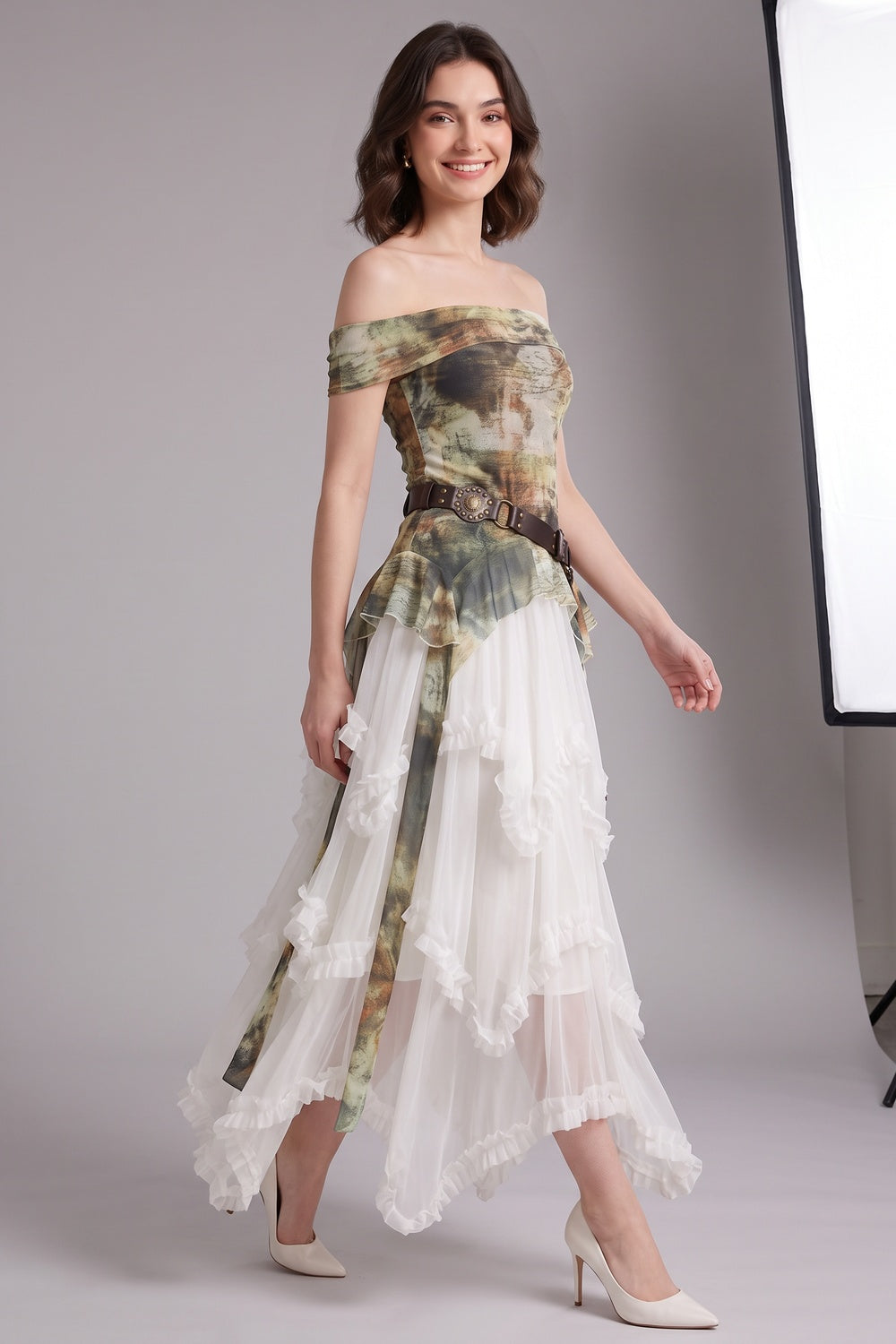 99c94cdc8cd4d3b7 OLIVE A-LINE OFF-SHOULDER RUFFLE DRESS - WEDDING GUEST