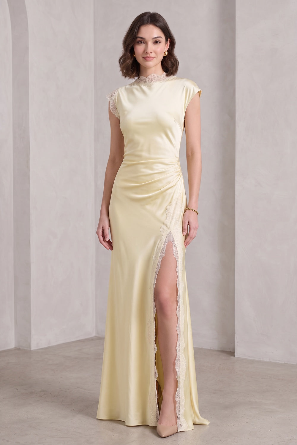 9a50a7320a6b4298 PALE YELLOW SATIN COLUMN GOWN LACE FORMAL