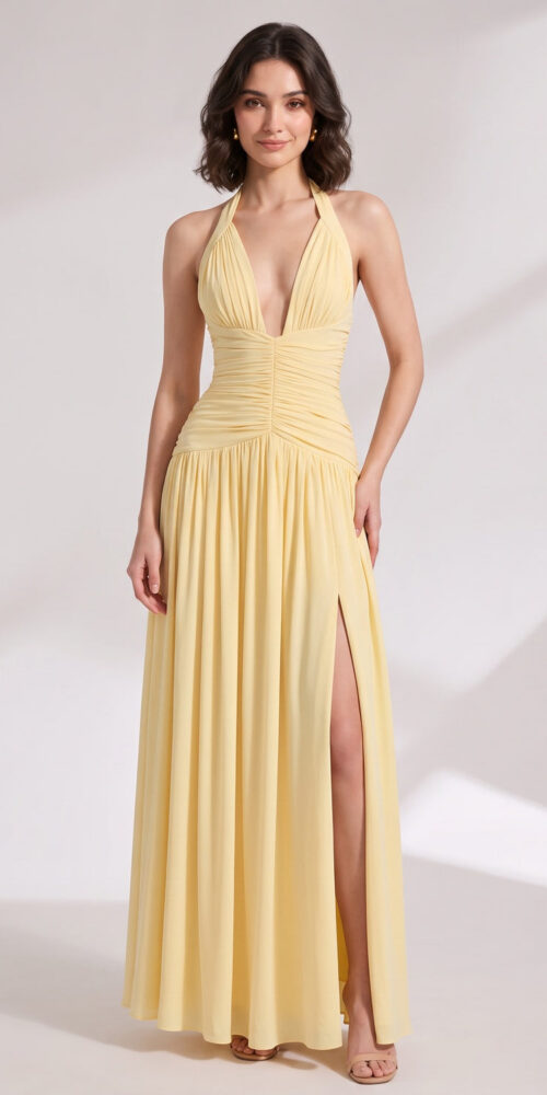PASTEL YELLOW A-LINE MAXI DRESS | WEDDING GUEST