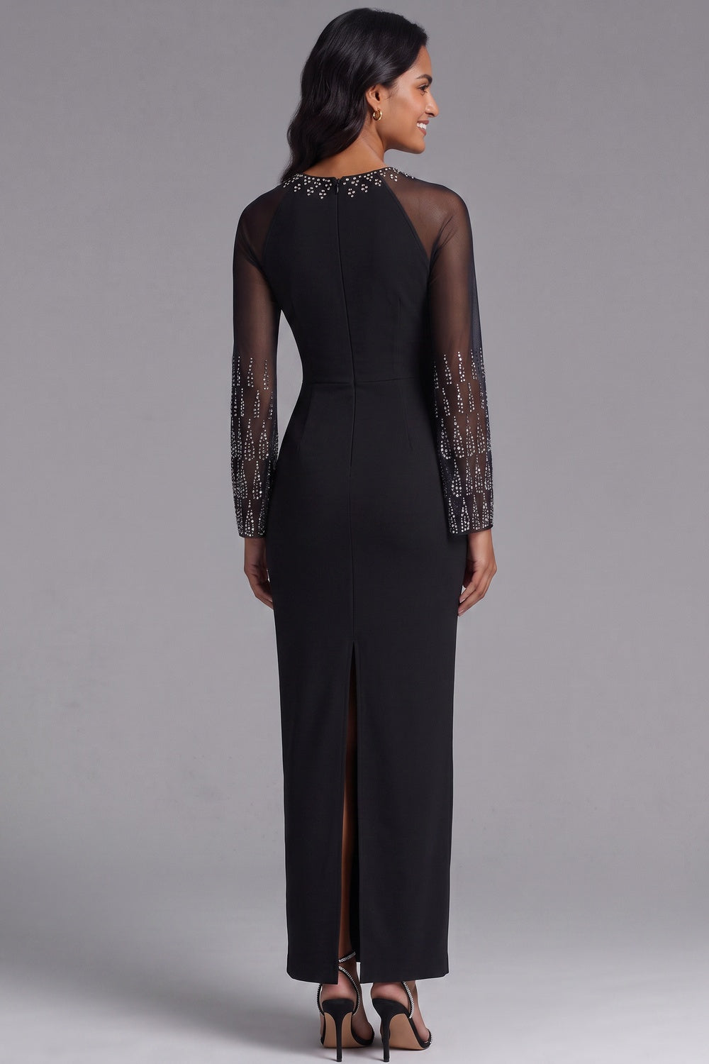 9b5fbf4c2b05bff0 BLACK SHEER-SLEEVE EMBELLISHED SHEATH MAXI DRESS