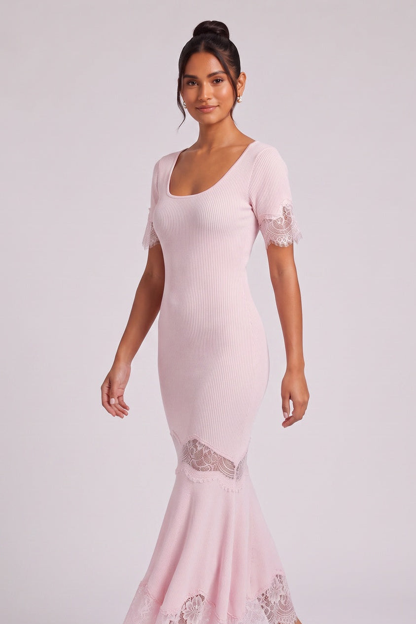 9bf8a8fab764b41d LIGHT PINK RIBBED MERMAID MAXI DRESS LACE FORMAL