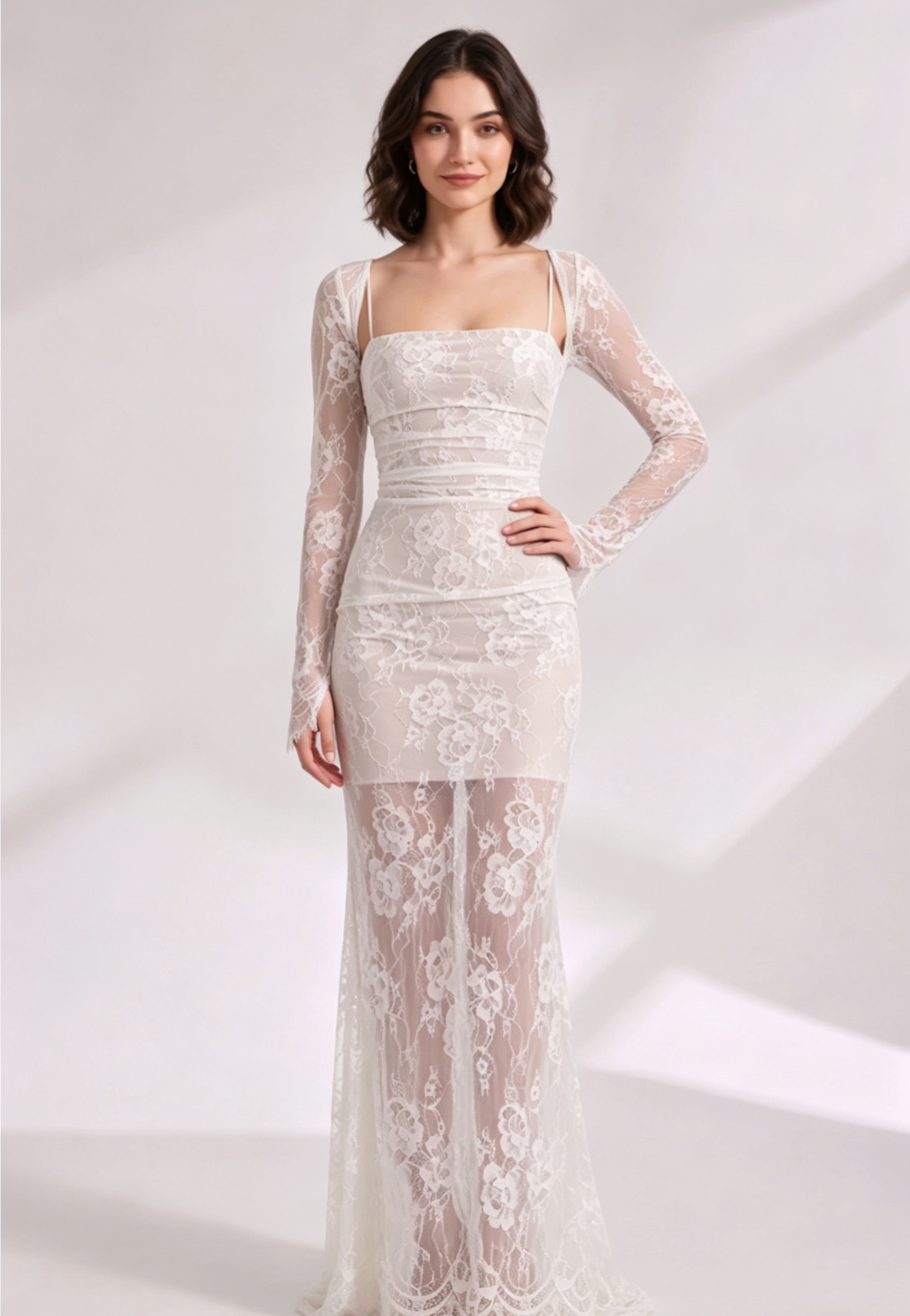 WHITE FLORAL LACE COLUMN MAXI DRESS – FORMAL