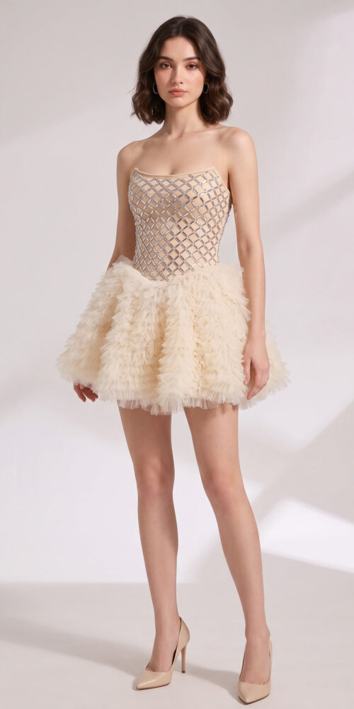 CHAMPAGNE TULLE FIT-AND-FLARE MINI DRESS