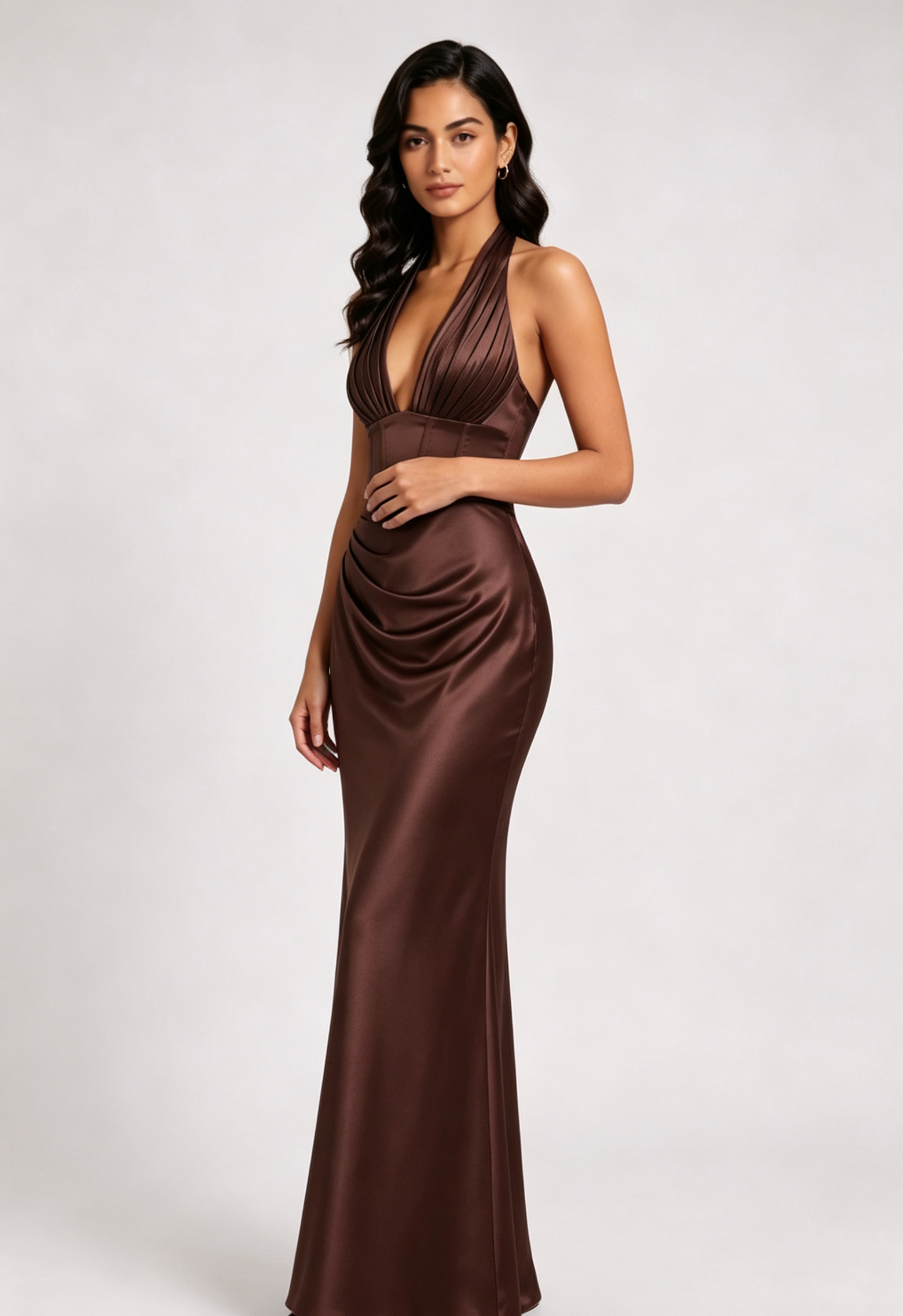 BROWN SATIN COLUMN GOWN - FORMAL EVENING