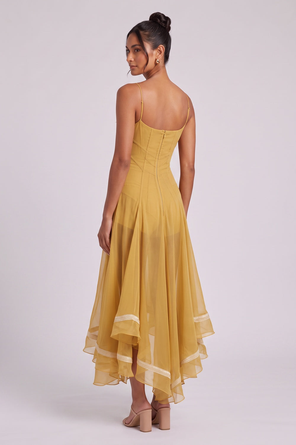 9e2fa3749eb15e9b MUSTARD CHIFFON FIT-AND-FLARE MIDI DRESS SCALLOP COLLAR