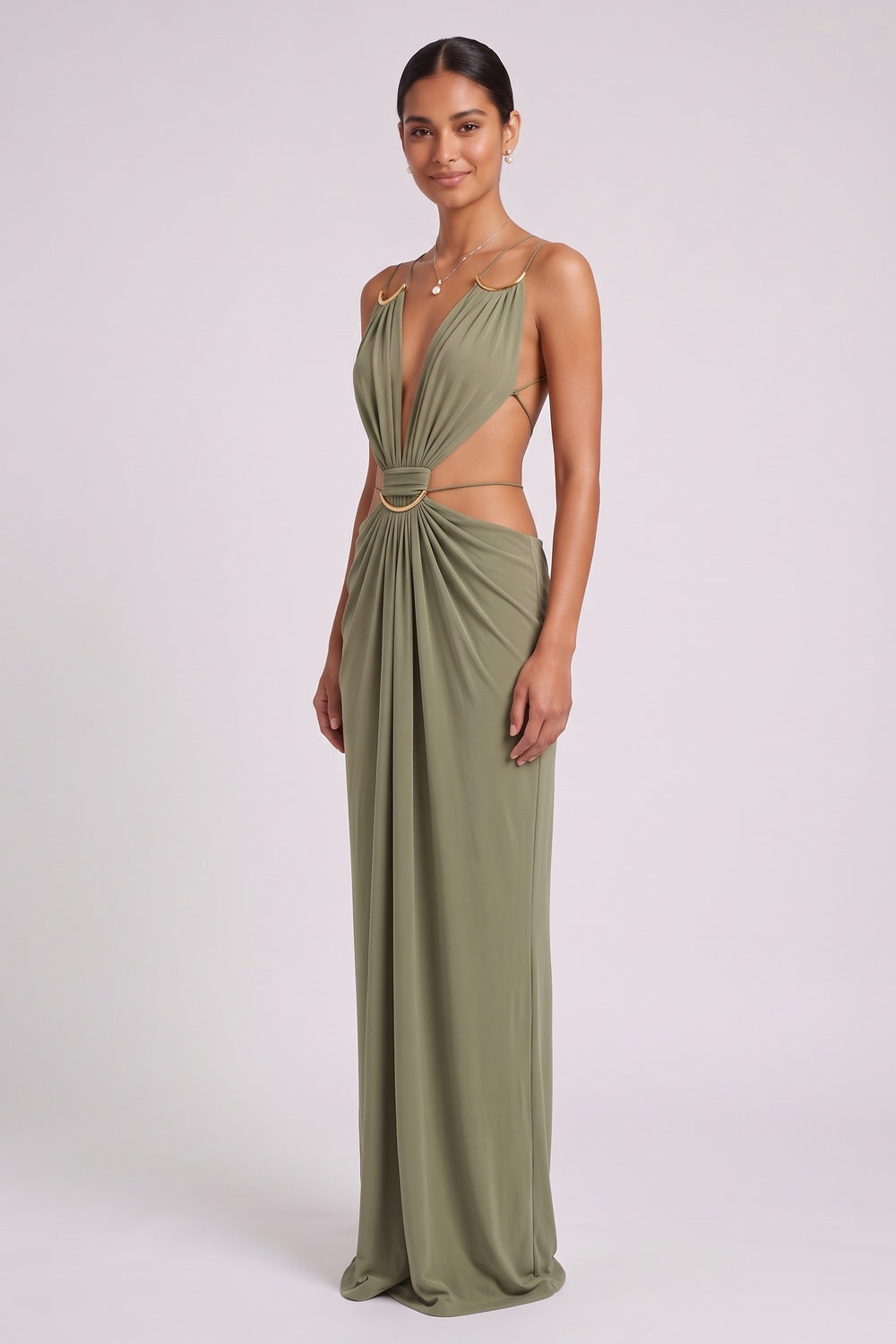 9ece6ea52f6e7f56 OLIVE GREEN JERSEY COLUMN DRESS WITH CUTOUTS