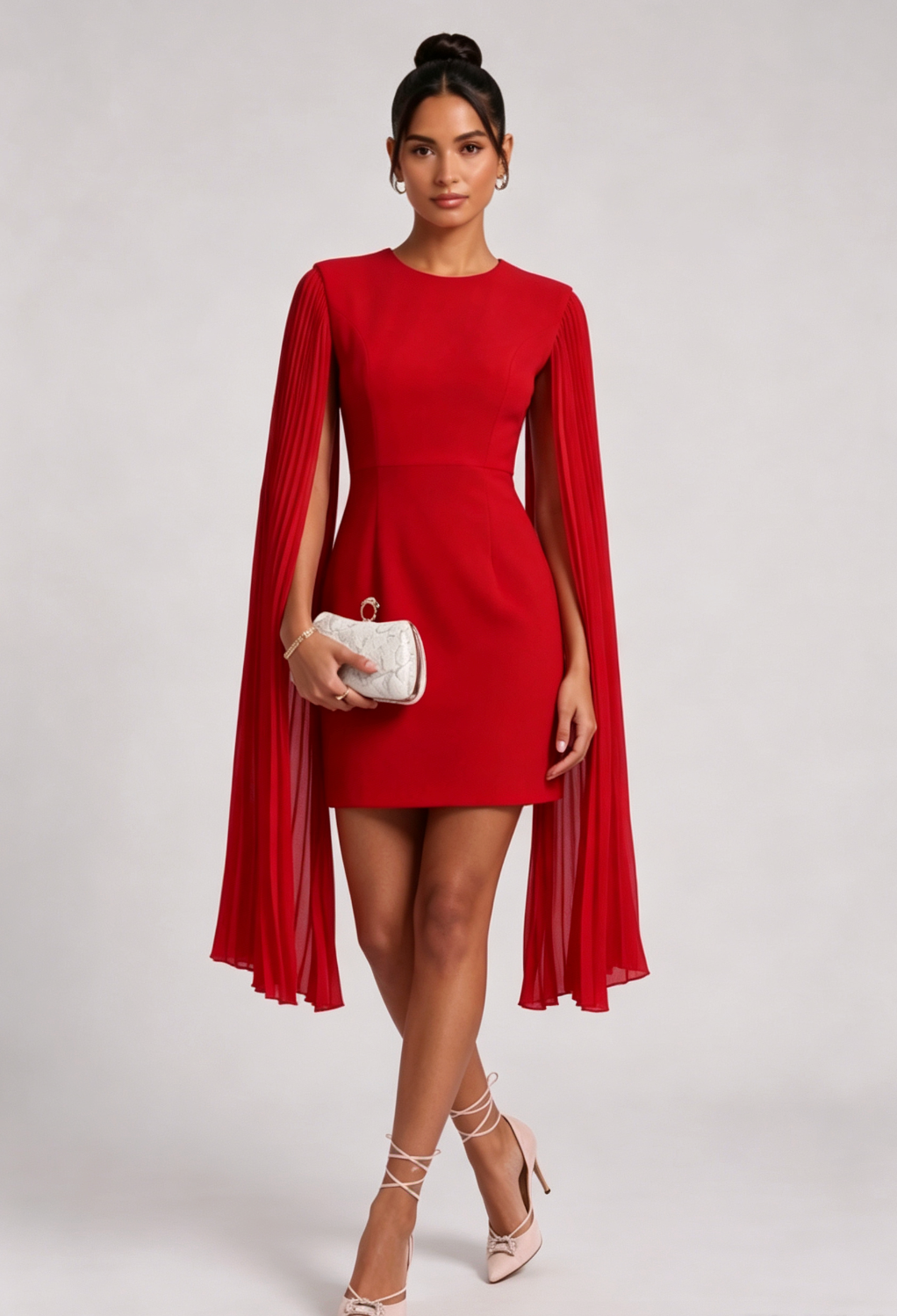 9fa6d3f390be785848a807c79da2bb7f RED CREPE SHEATH DRESS CAPE SLEEVES COCKTAIL