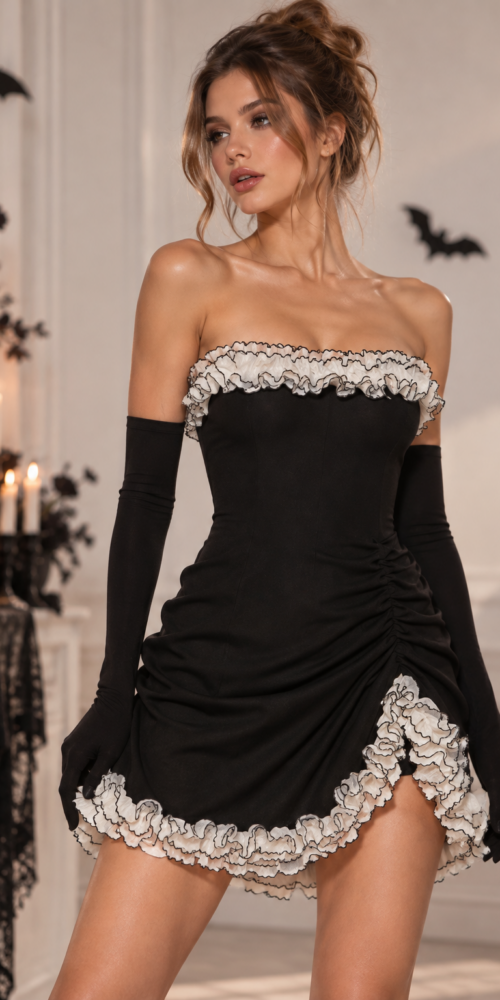 Black_lace_mini_dress_with_corset_bodice_-_front_view STRAPLESS RUFFLE BODYCON MINI DRESS & GLOVES