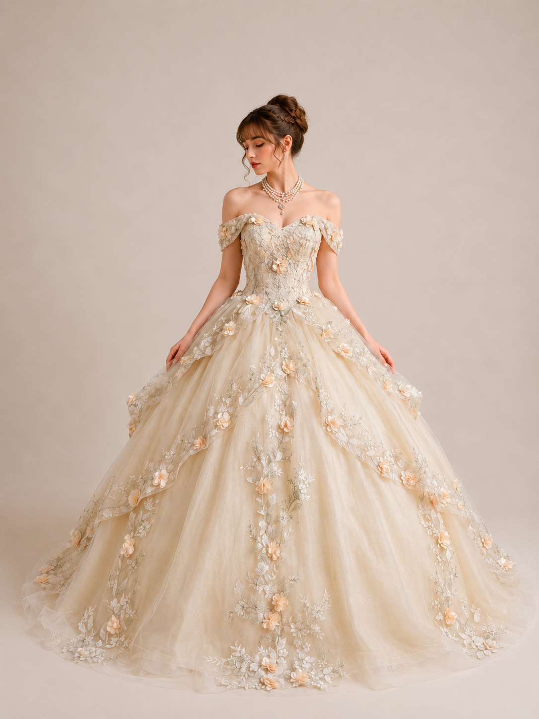 OFF-SHOULDER 3D FLORAL BALL GOWN WEDDING DRESS