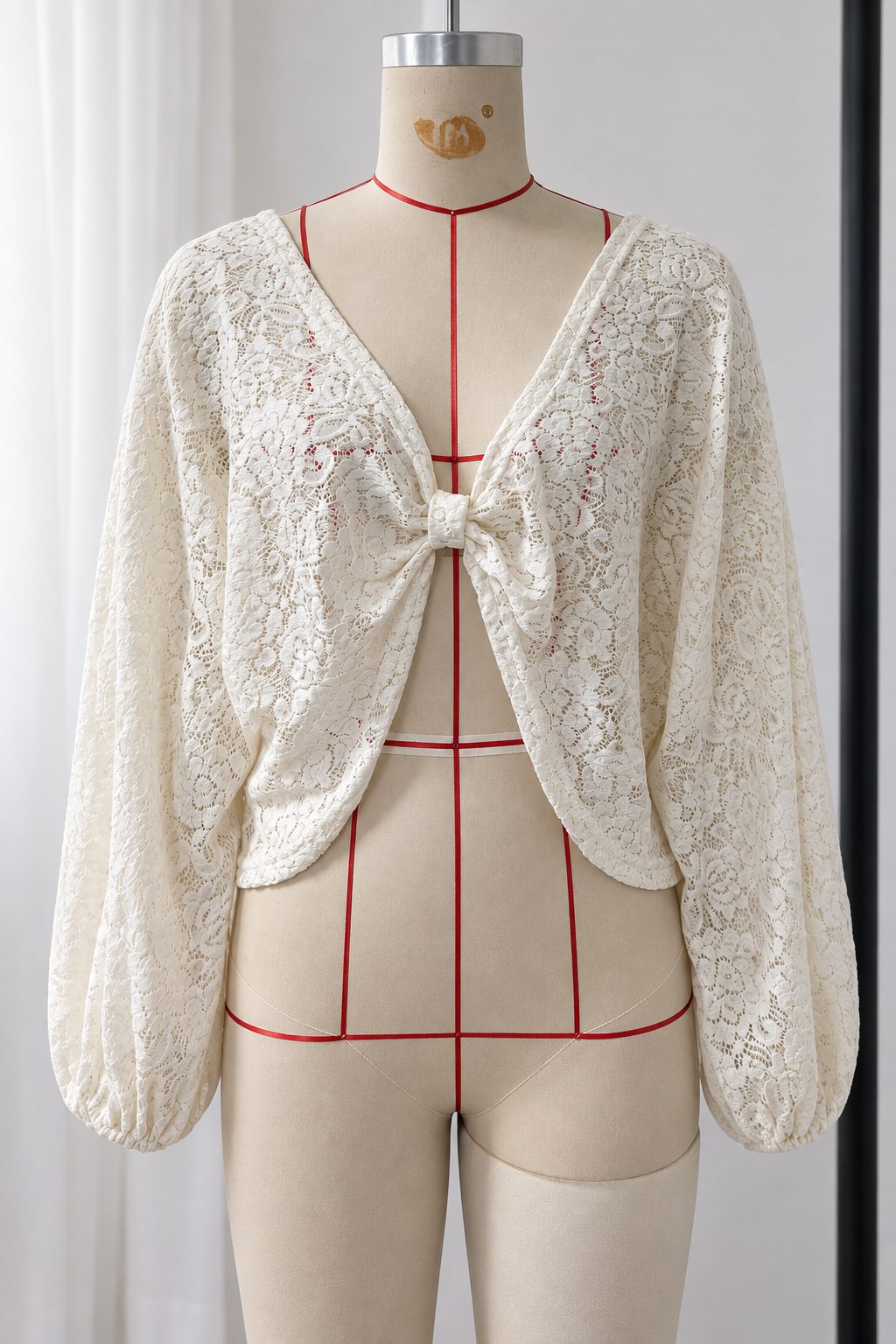 CREAM FLORAL LACE PUFF SLEEVE CROPPED COVER UP