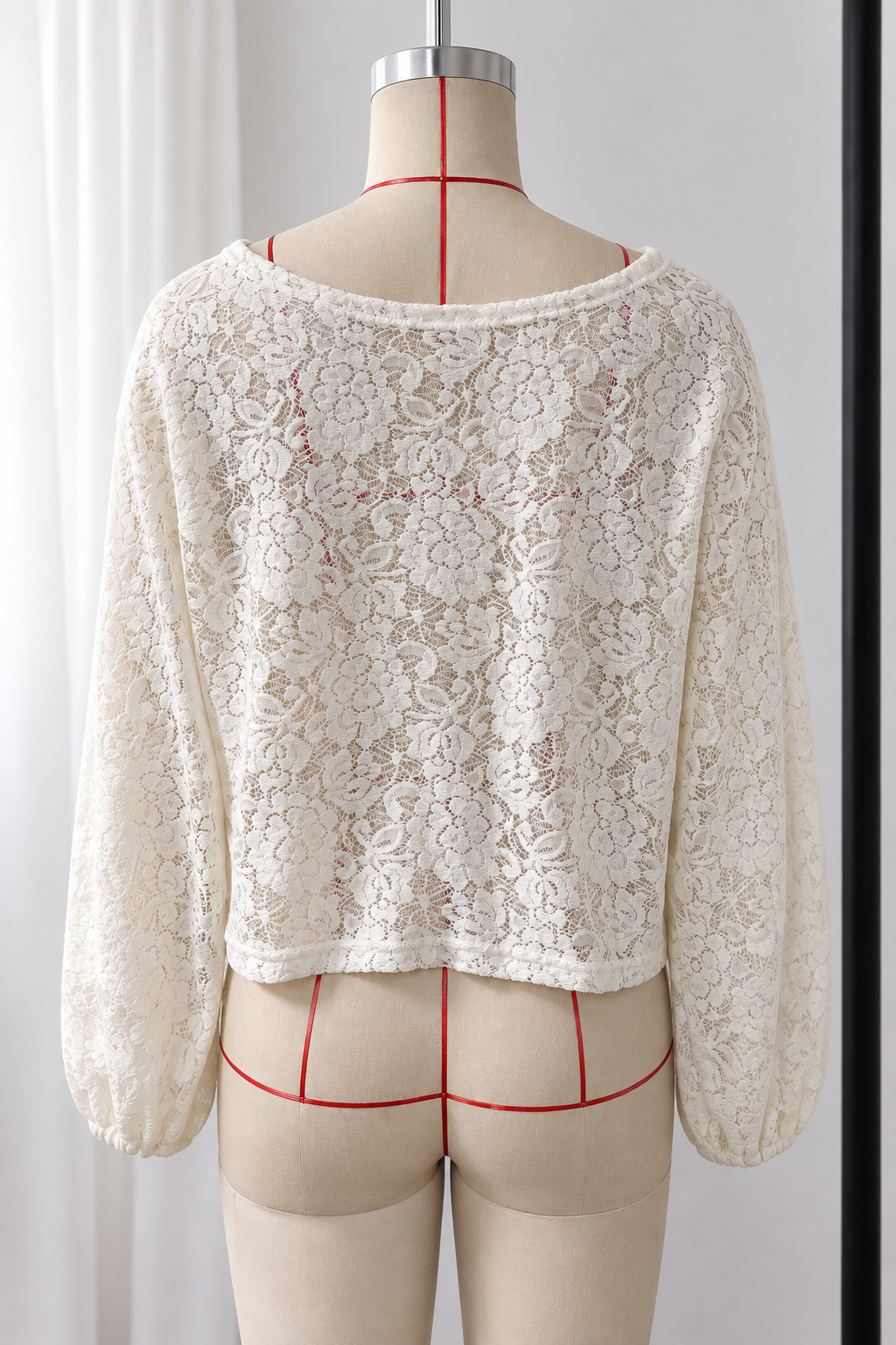 CREAM FLORAL LACE PUFF SLEEVE CROPPED COVER UP