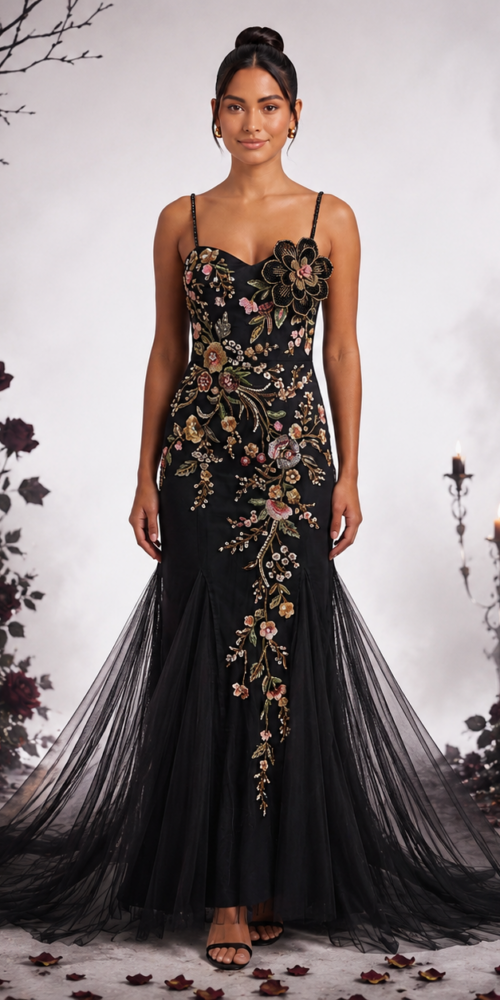 BLACK TULLE MERMAID GOWN PROM BEADED FLORAL