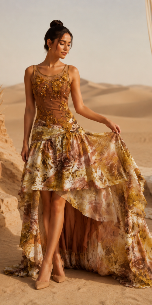BROWN SILK ASYMMETRIC TIERED MAXI GOWN DRESS