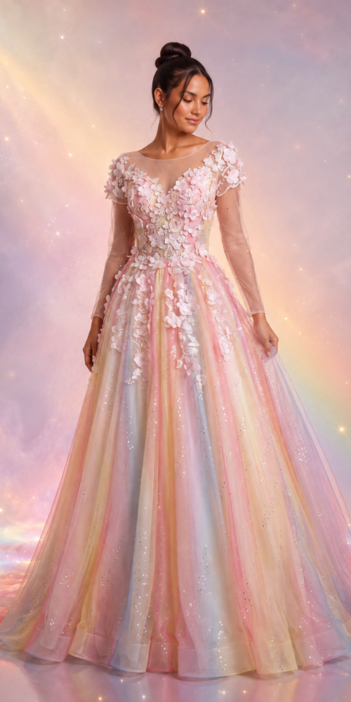 PASTEL TULLE BALLGOWN WITH 3D FLORAL PROM DRESS