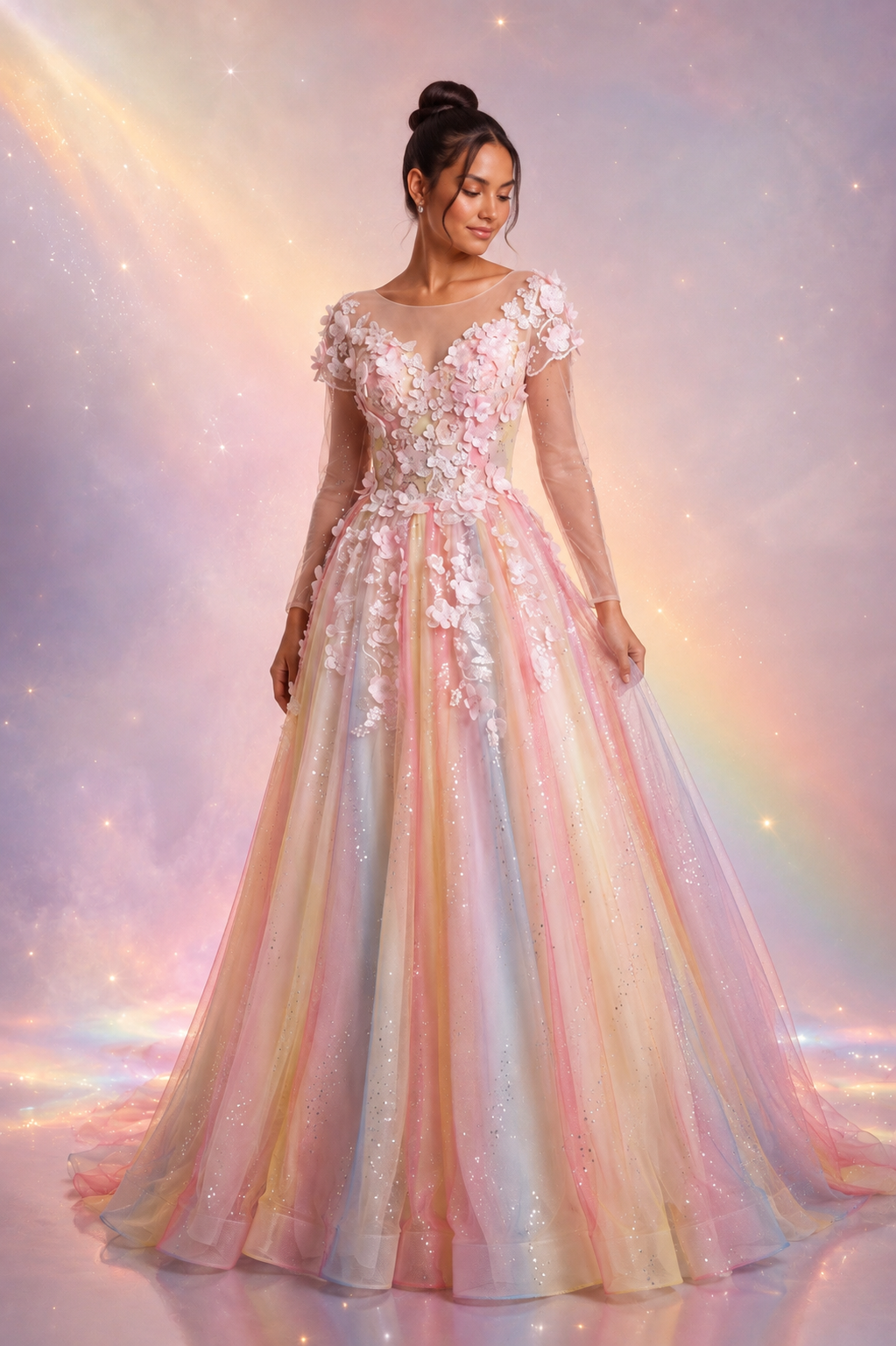 PASTEL TULLE BALLGOWN WITH 3D FLORAL PROM DRESS
