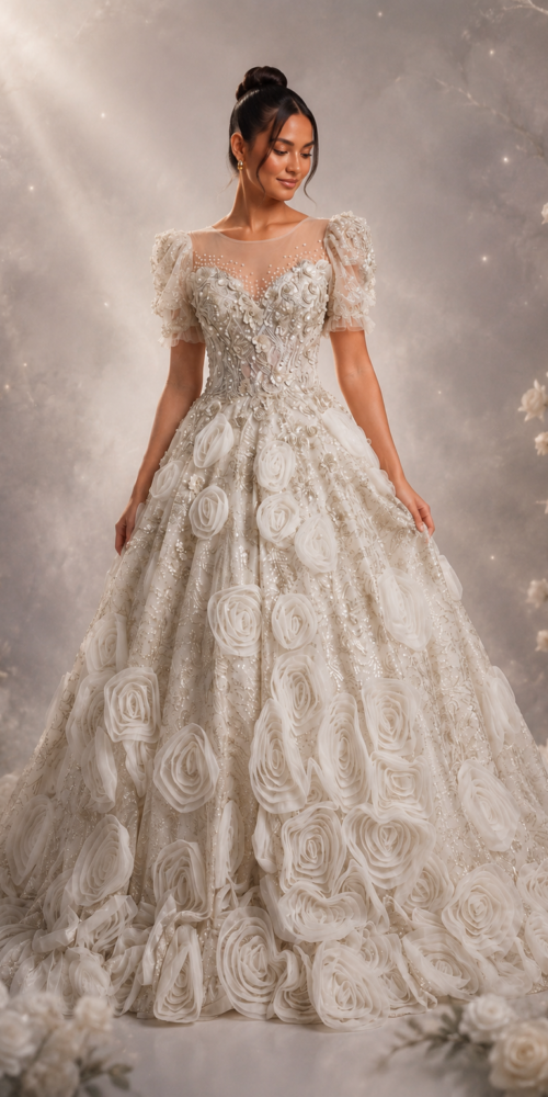 CHAMPAGNE ORGANZA BALLGOWN PROM DRESS 3D FLORAL