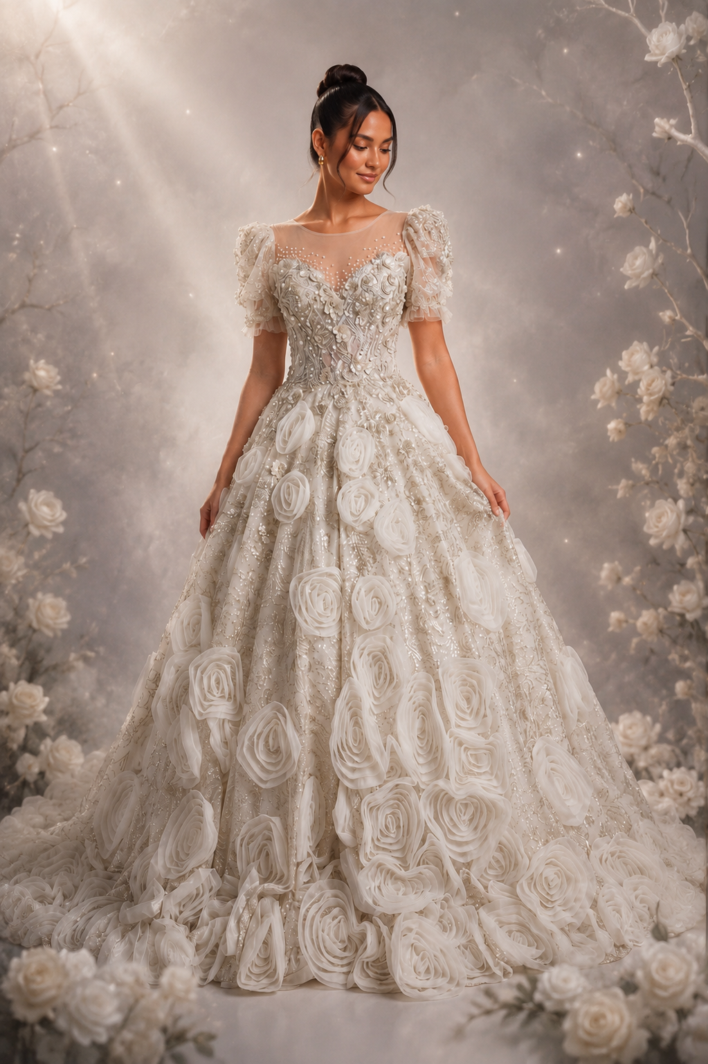 CHAMPAGNE ORGANZA BALLGOWN PROM DRESS 3D FLORAL