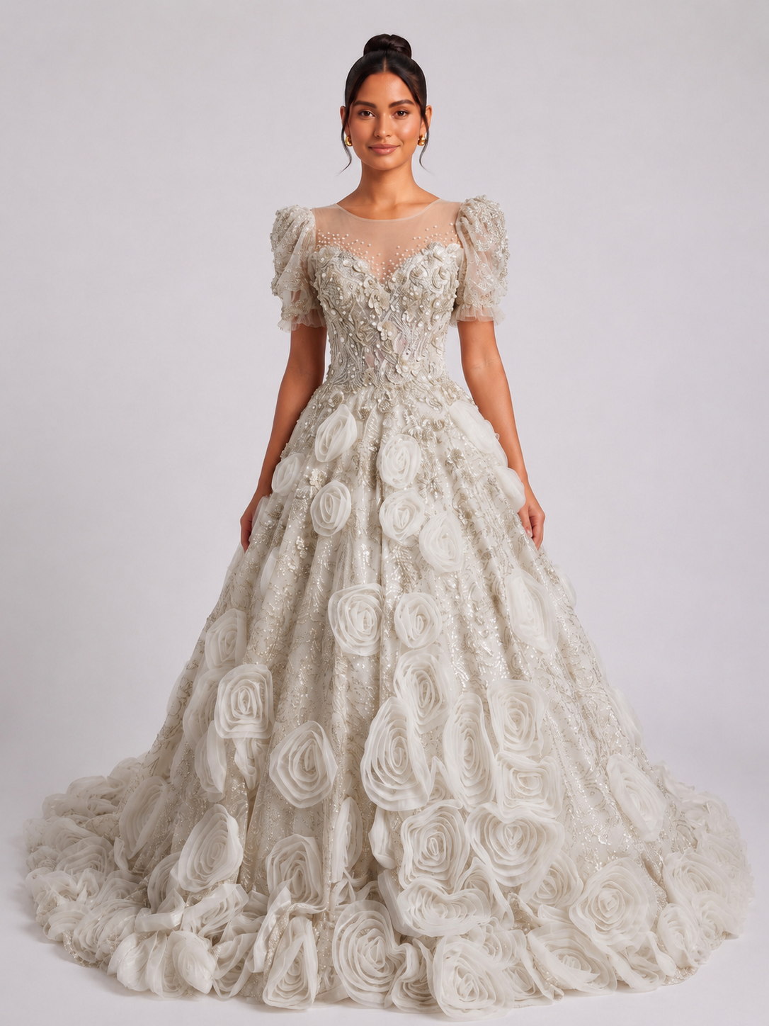 CHAMPAGNE ORGANZA BALLGOWN PROM DRESS 3D FLORAL