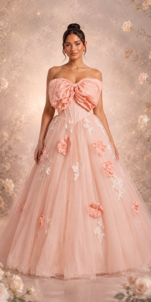 PEACH TULLE BALLGOWN FLORAL PROM DRESS